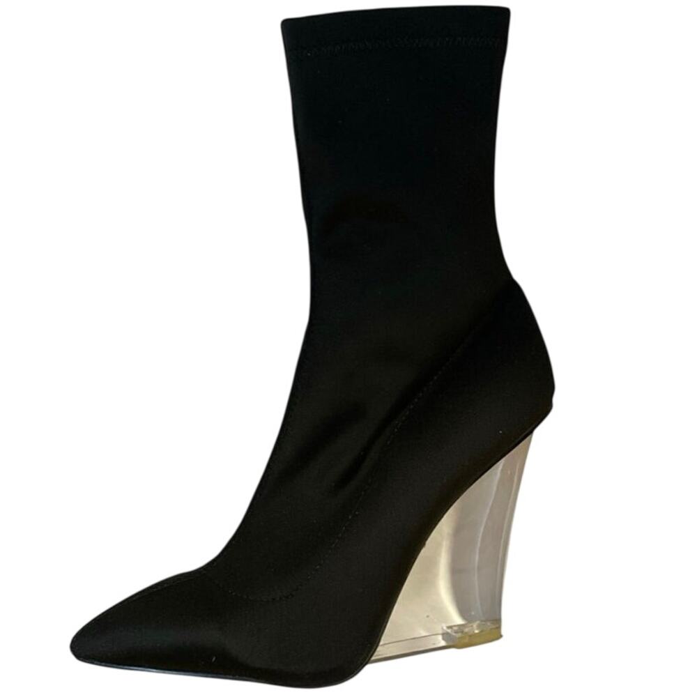 Public Desire Women's Black Mid Clear Wedge Pull On Pointed Toe Bootie Size 4